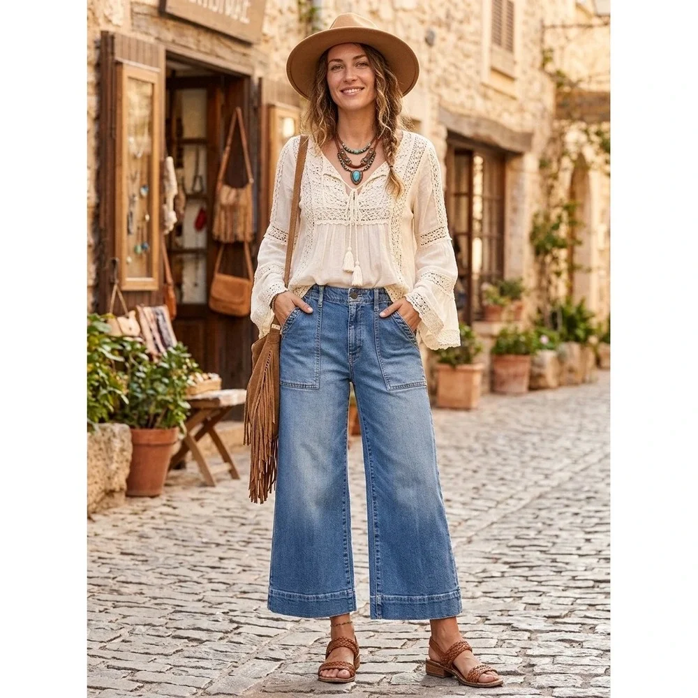 Anthropologie Pilcro High-Rise Crop Wide-Leg Jeans Size 29 blue boho utility